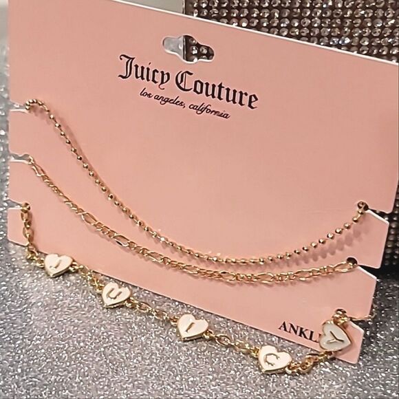 Juicy Couture Heart Logo 3PC Anklet Bracelet Set - Picture 2 of 5
